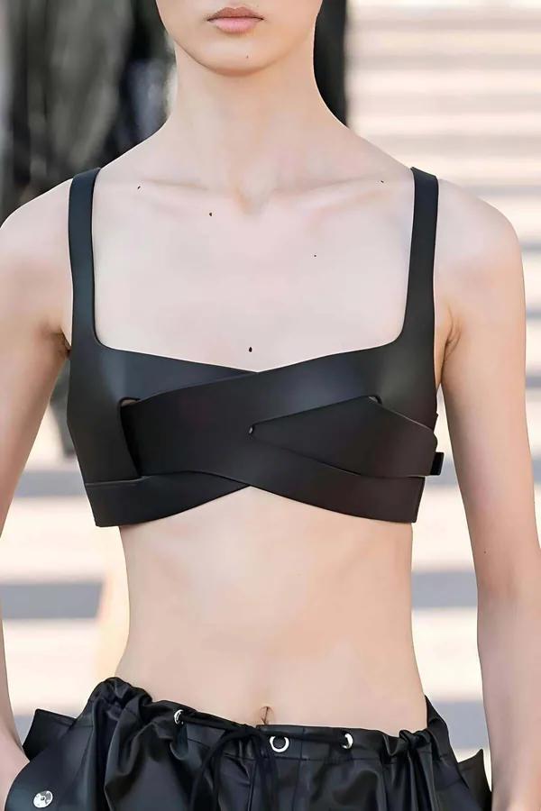 Criss-Cross Faux Leather Chest Harness Top
