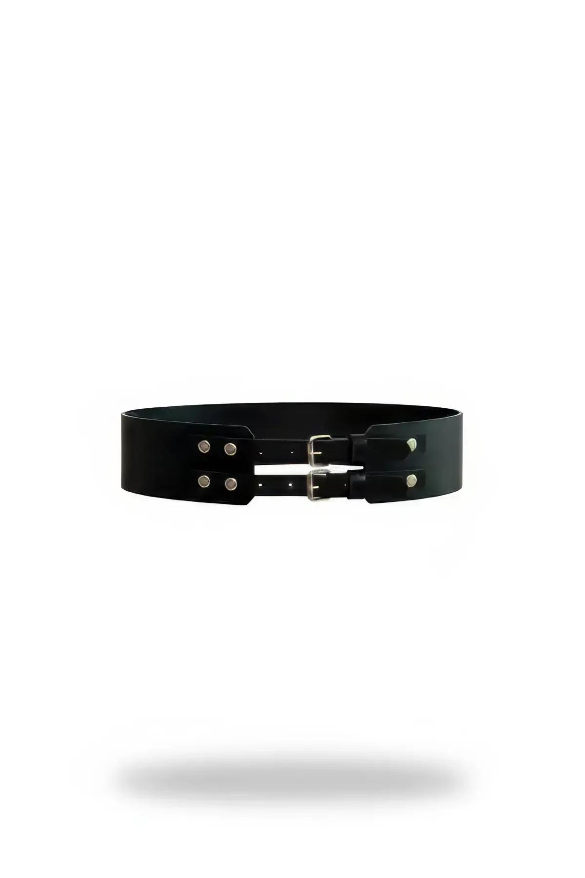 Wide Faux Leather Waist Cincher with Double Buckles