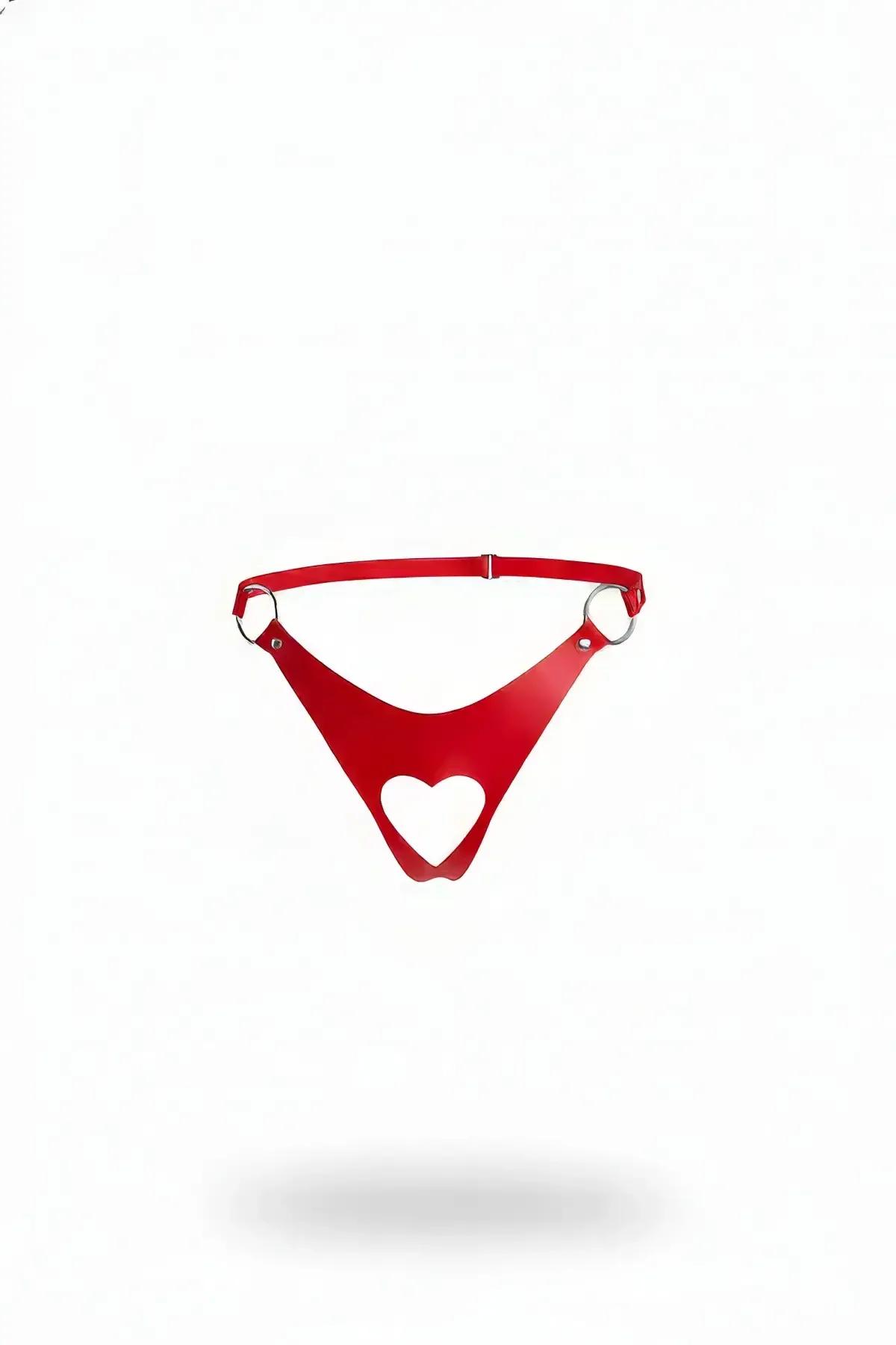 Heart Cut-Out Red Faux Leather Harness Thong