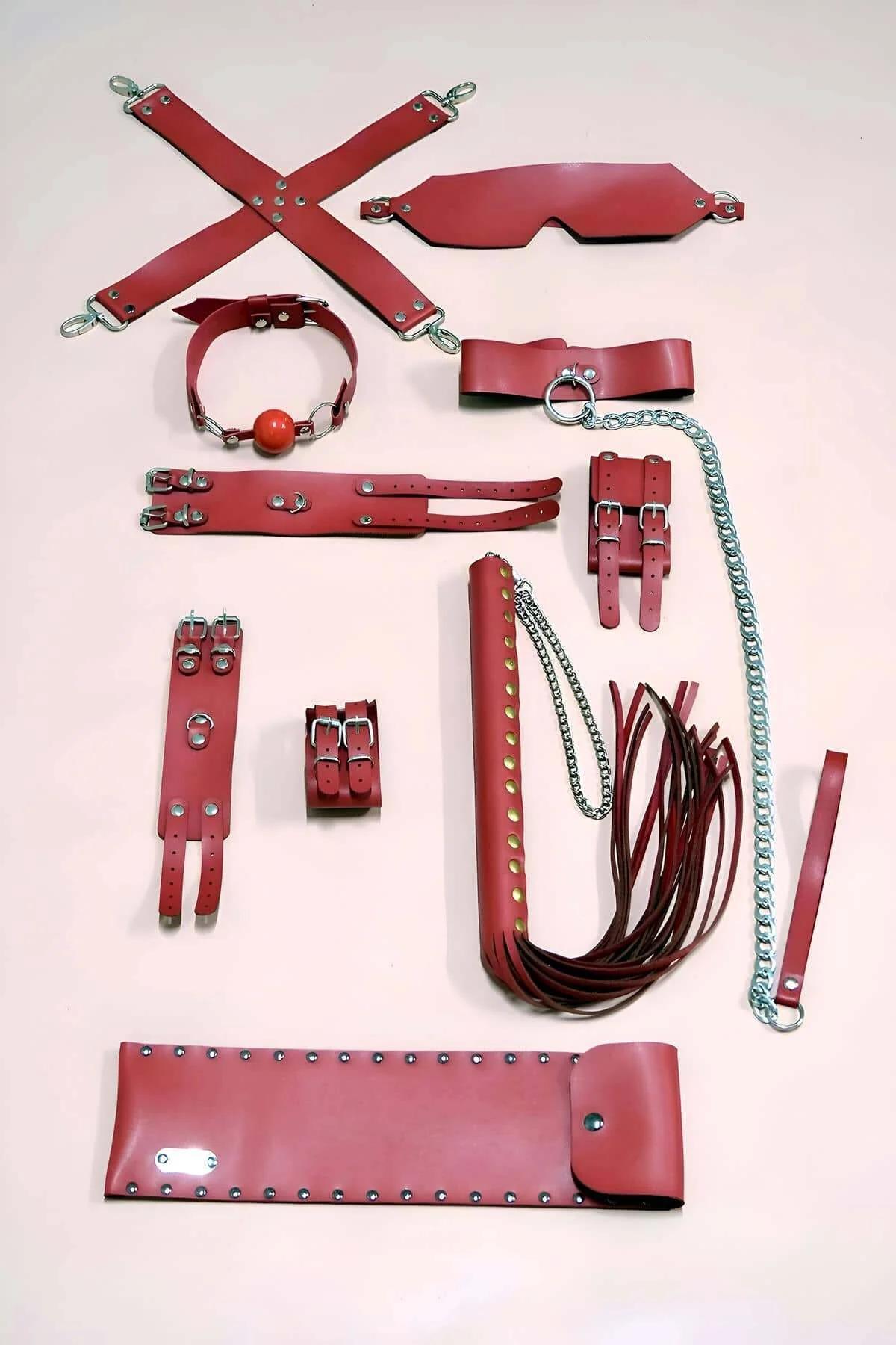 Red Vegan Leather Accessory Set with Straps & Blindfold
