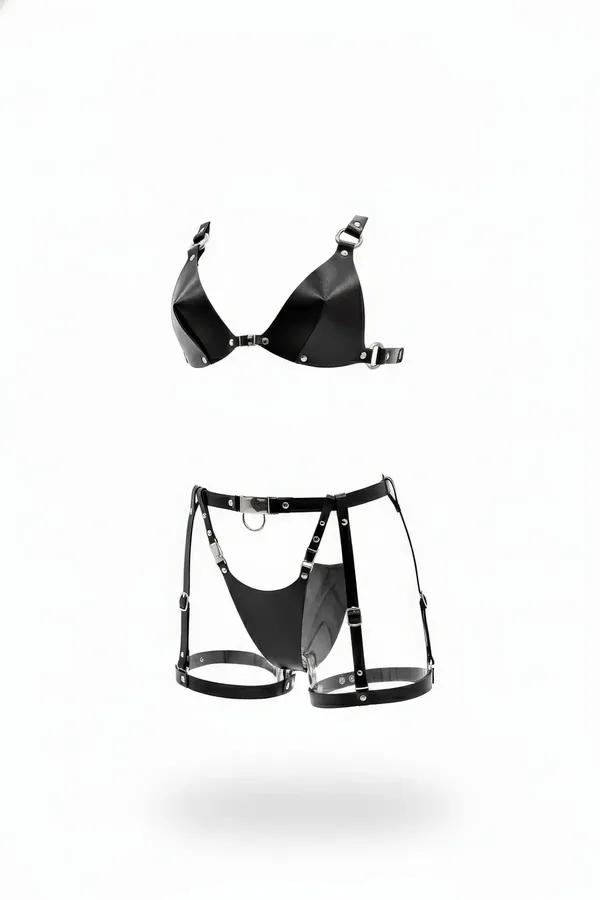 Geometric Faux Leather Bra Top & Garter Short Set
