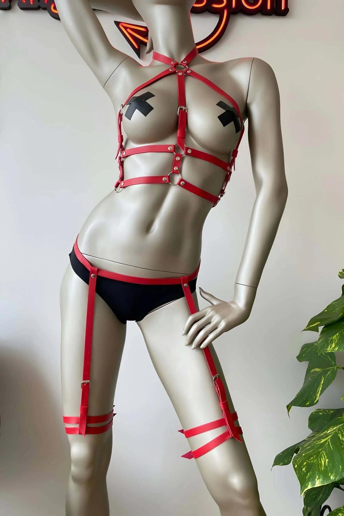 Red Faux Leather Body Harness with Garter Leg Straps