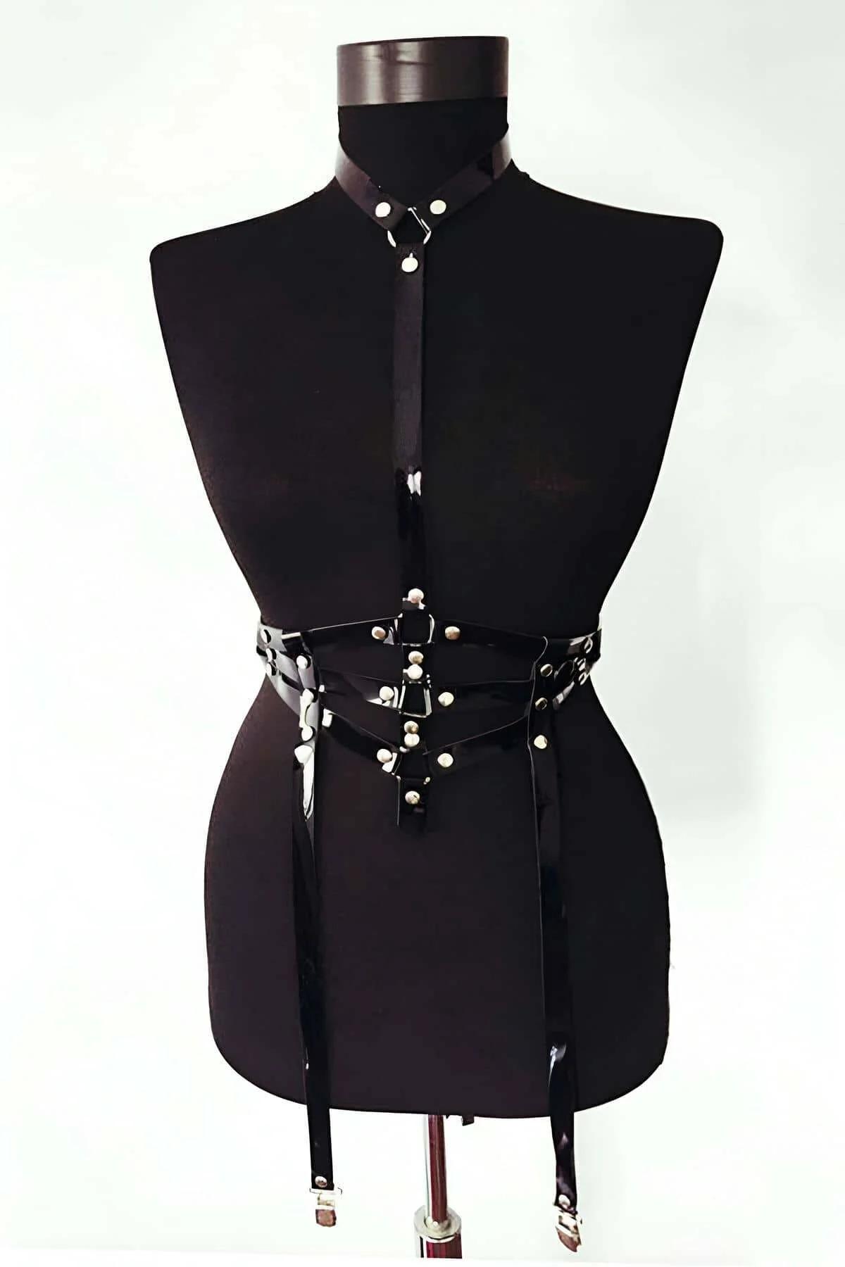 Glossy Faux Leather Body Harness with Garter Straps