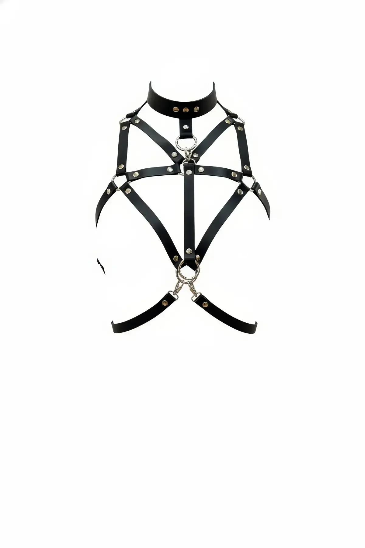 Faux Leather Chest Harness with High Collar and Cage Straps