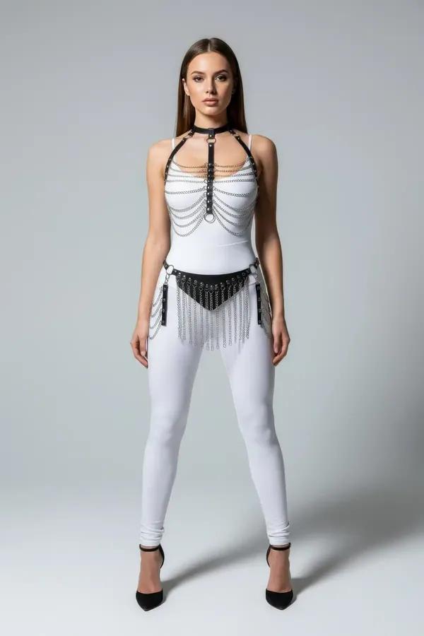 Black Faux Leather Body Harness with Draped Chain Skirt
