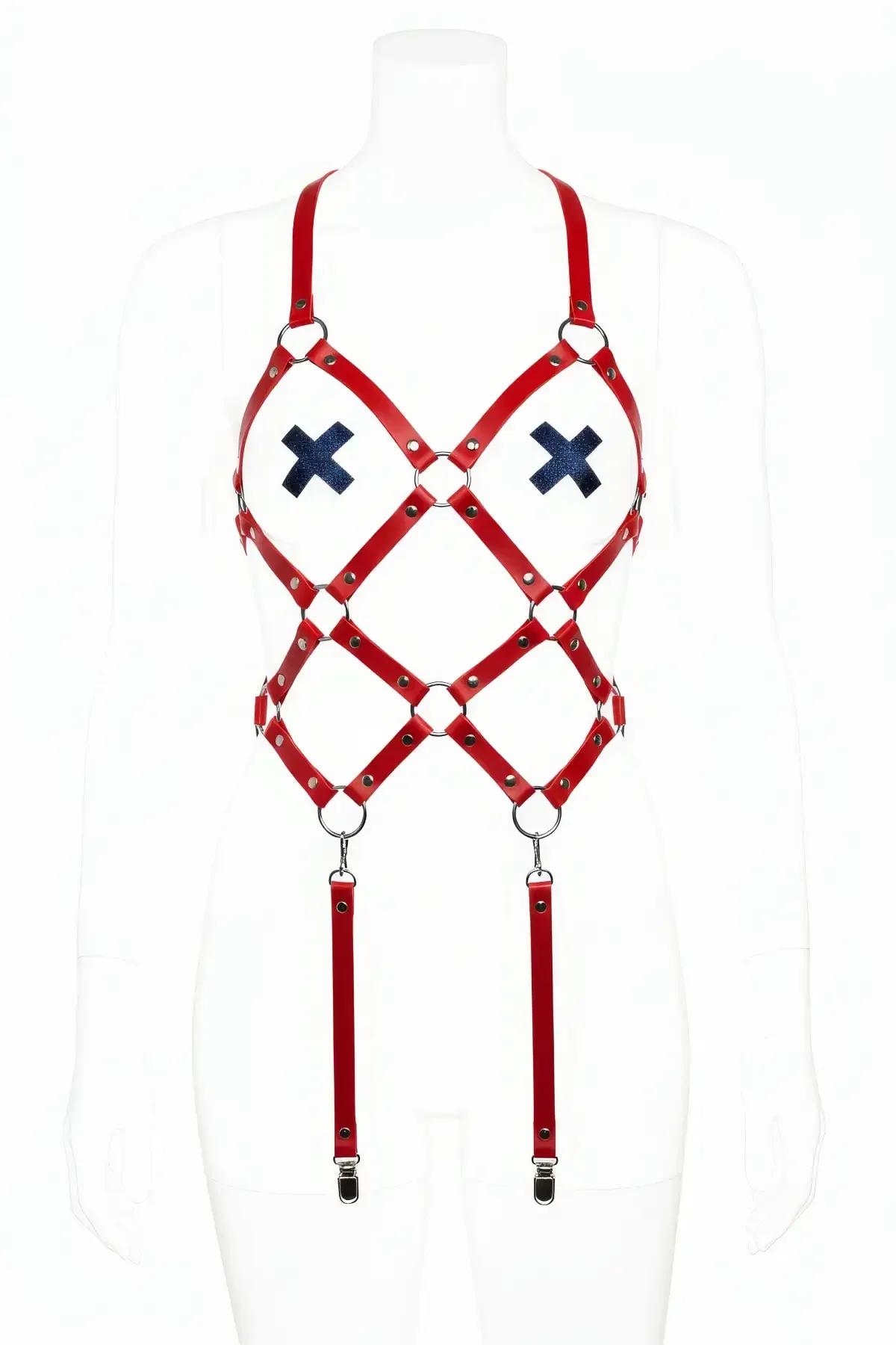 Red Faux Leather Body Harness with X Detail