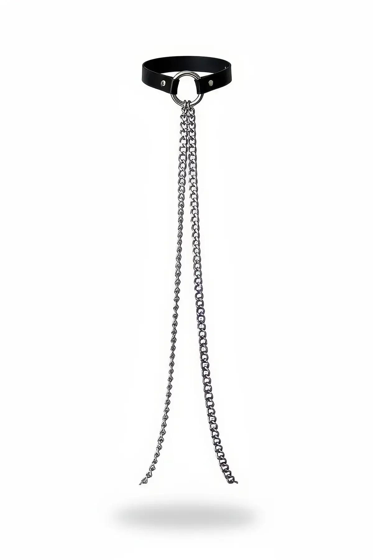 Faux Leather Choker with Dual Draping Chains & O-Ring