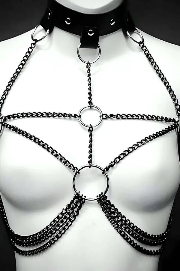 Gleaming Gold Chain Harness with Collar & O-Rings
