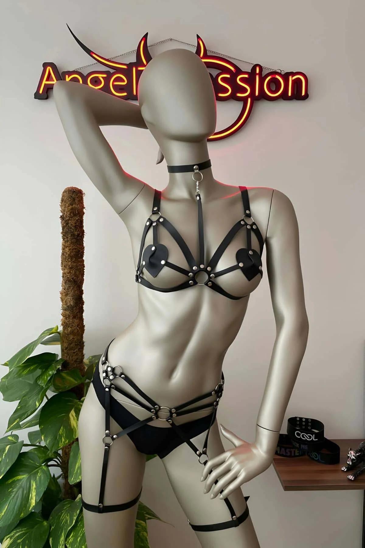 Full Body Harness Set with Heart Pasties & Garters