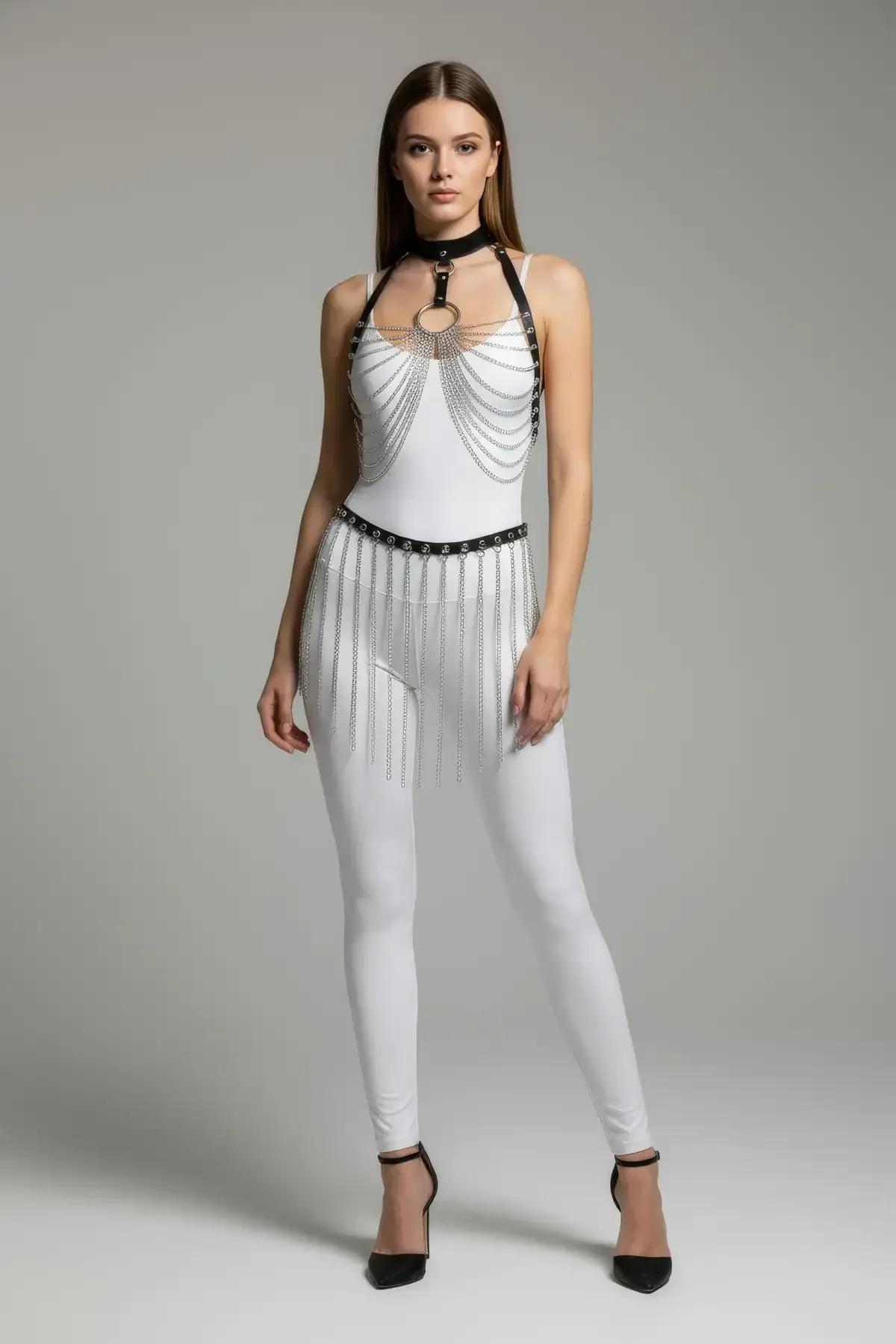 Chain Body Harness with Faux Leather Collar & Waist Belt