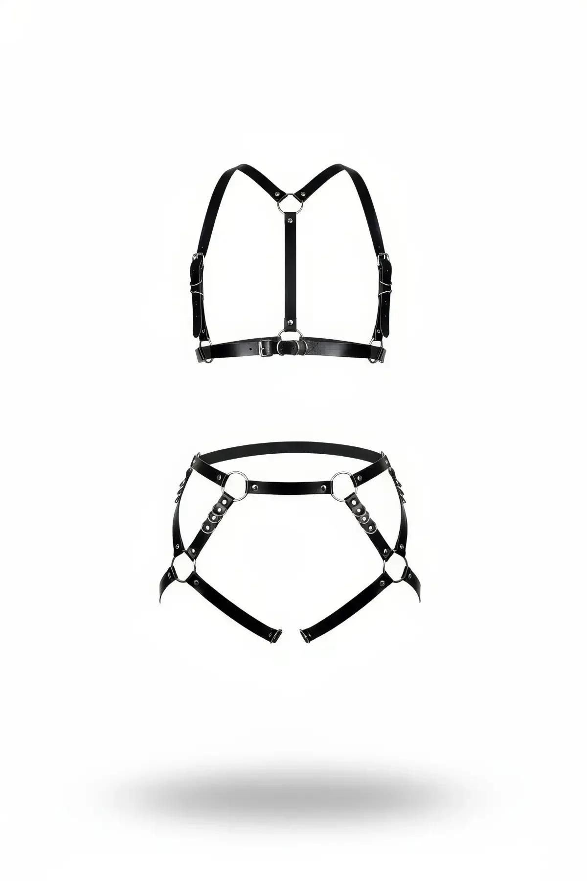 Black Faux Leather Chest and Garter Harness Set