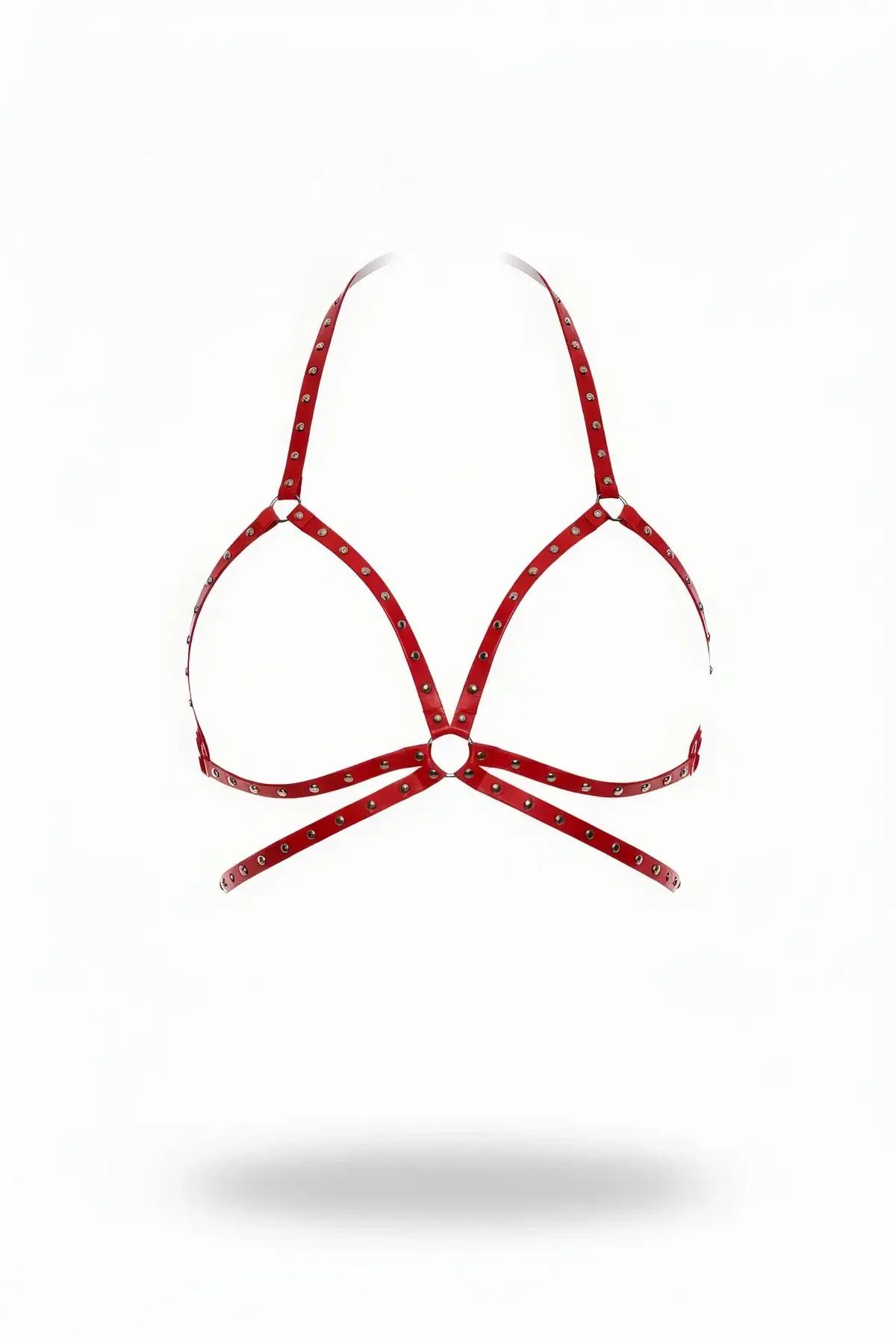 Red Riveted Cage Harness Bra with Halter Neck