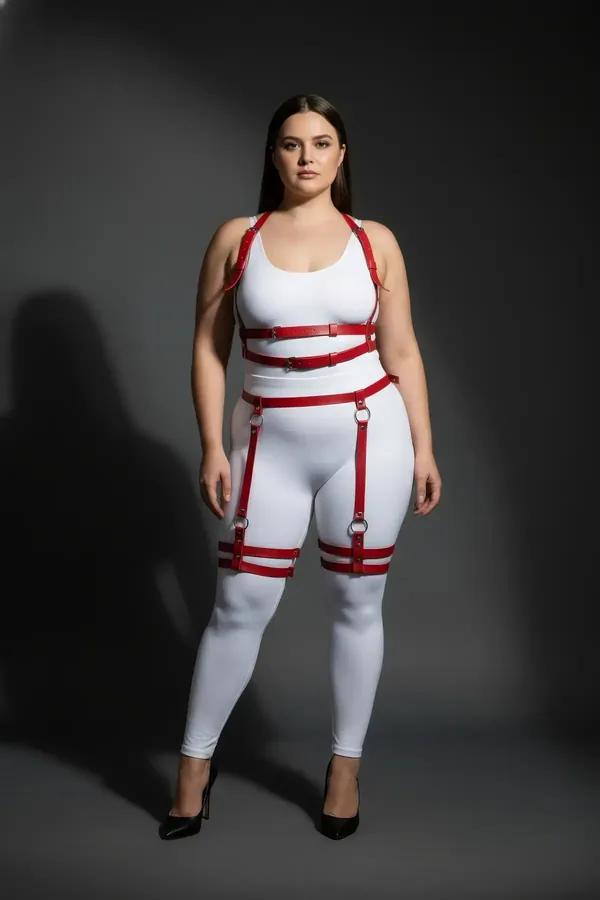 Red Faux Leather Full Body Harness with Thigh Straps