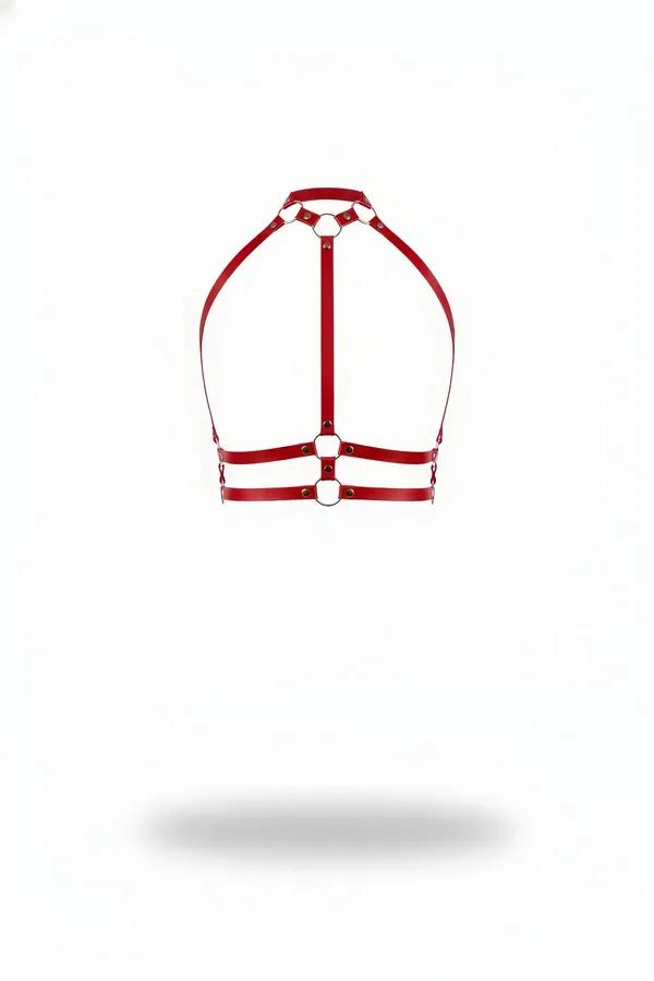 Red Faux Leather Halter Harness with Double Underbust Straps
