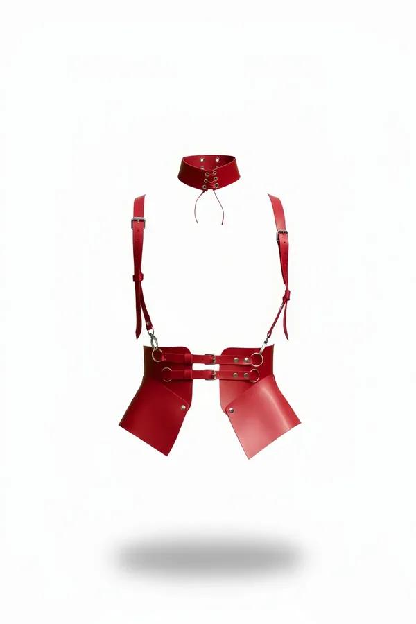 Red Faux Leather Collar Shoulder & Hip Harness
