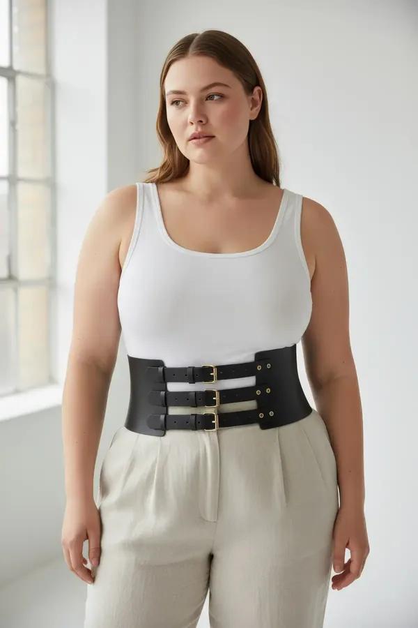ខ្សែក្រវ៉ាត់ corset ស្បែក សិប្បនិម្មិត ពណ៌ ខ្មៅ ជាមួយ ក្បាល ដែក ពណ៌ ប្រាក់ បី ជួរ លម្អ លើ រ៉ូប ពណ៌ ក្រែម