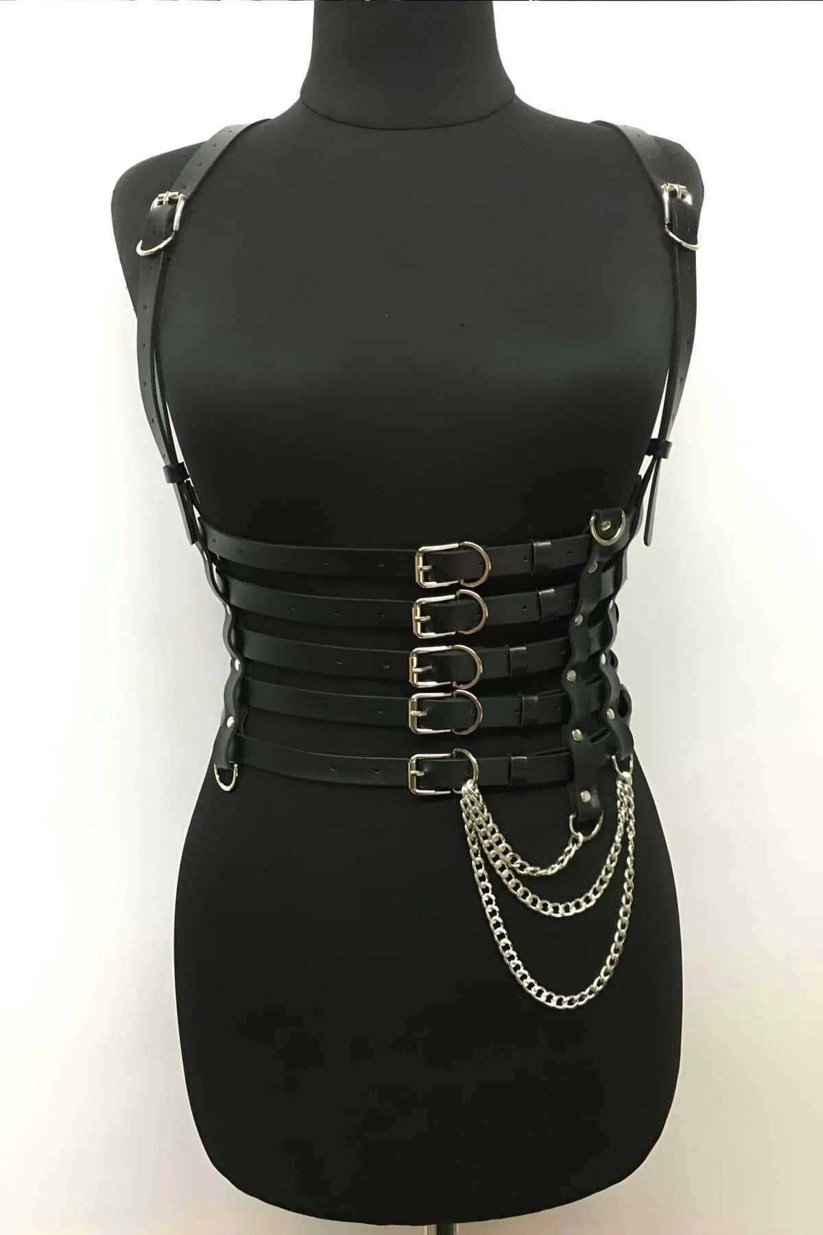 Faux Leather Corset Harness with Buckled Straps and Chain