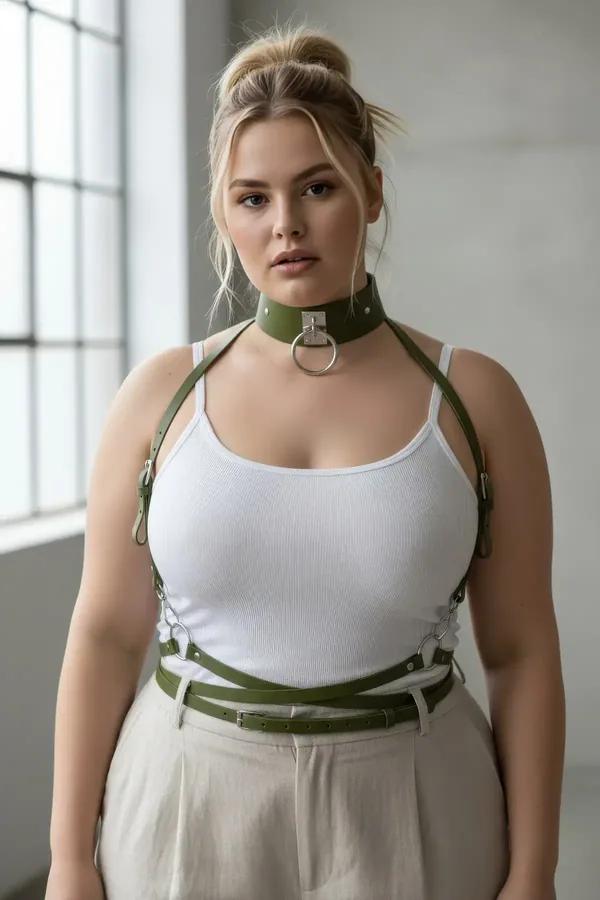 ខ្សែក្រវ៉ាត់ harness ស្បែក សិប្បនិម្មិត ពណ៌ បៃតង ចាស់ ម៉ូដ កអាវ choker ជាមួយ កង ដែក ពណ៌ ប្រាក់ លម្អ លើ រ៉ូប វែង ពណ៌ ស