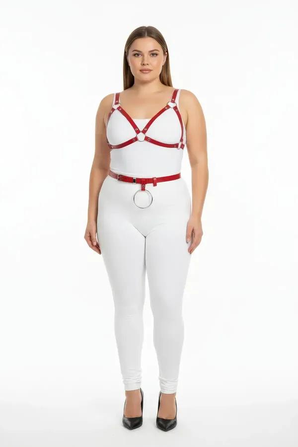 Red Vegan Leather Chest Harness and Waist Belt Set