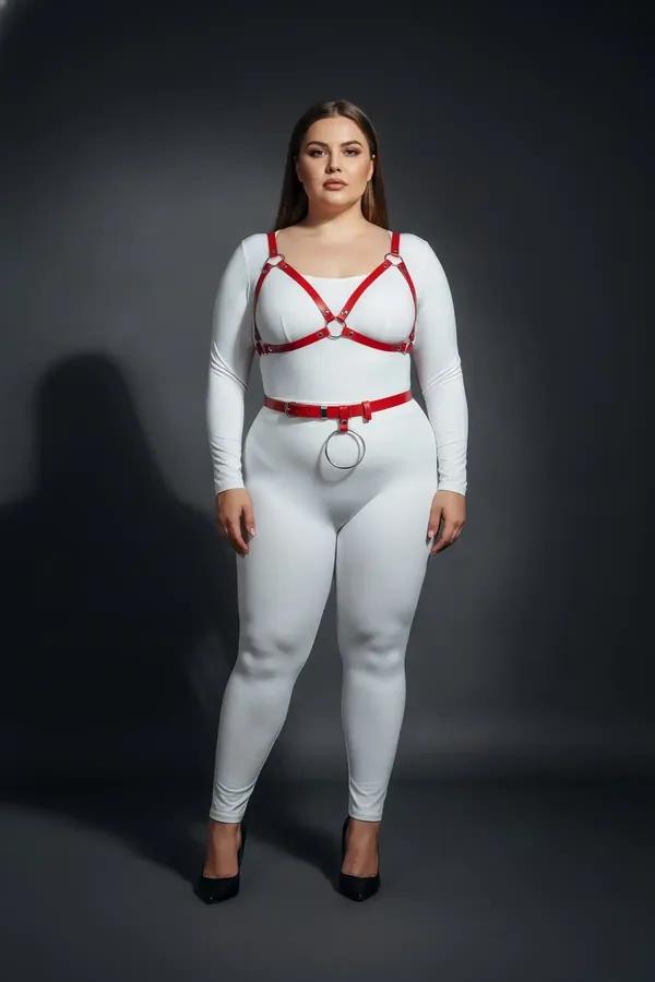 Red Vegan Leather Chest Harness and Waist Belt Set