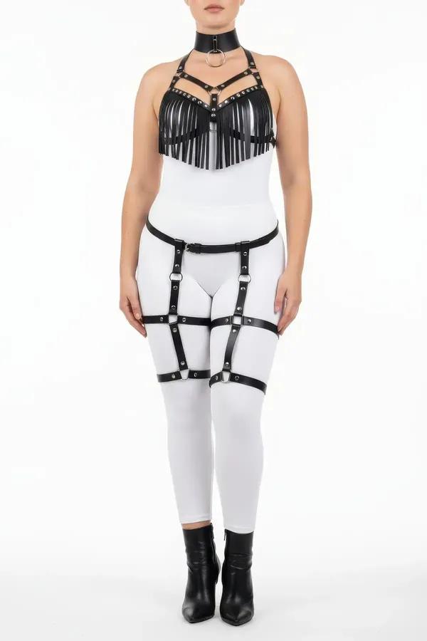 Fringed Faux Leather Harness Set with Garter Straps