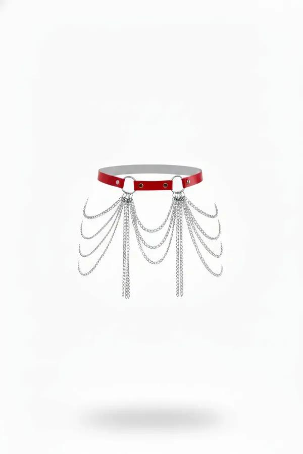 Red Choker with Layered Draped Chains & O-Rings
