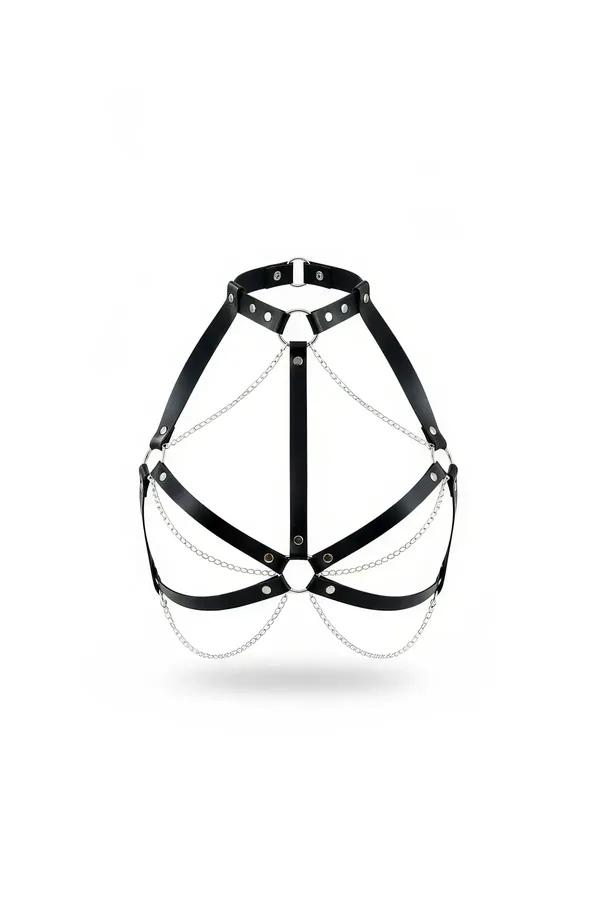 Faux Leather Chest Harness with Draped Silver Chains