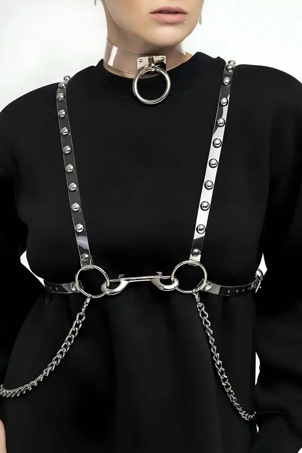 Transparent Studded Body Harness & Choker Set with Chains