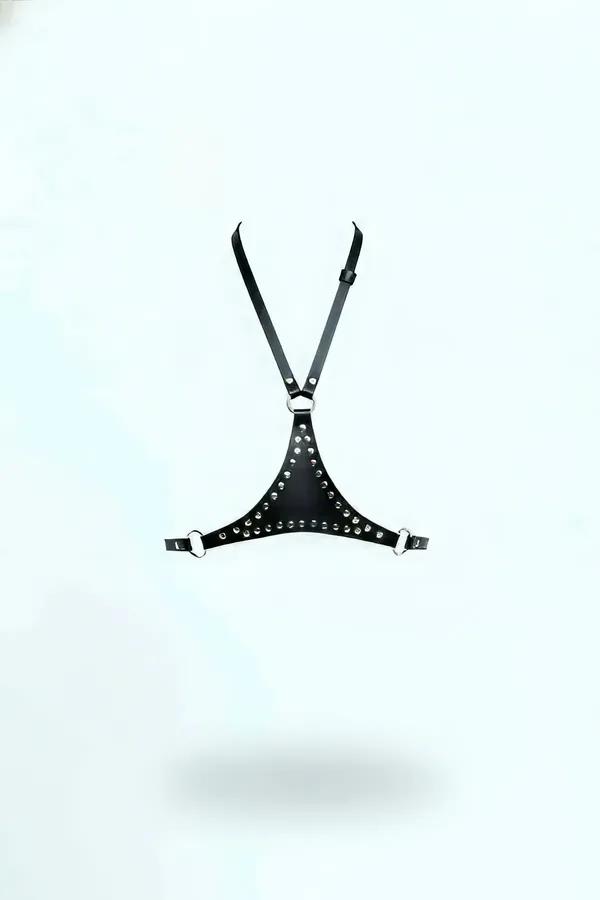 Black Studded Chest Harness with O-Ring Detail