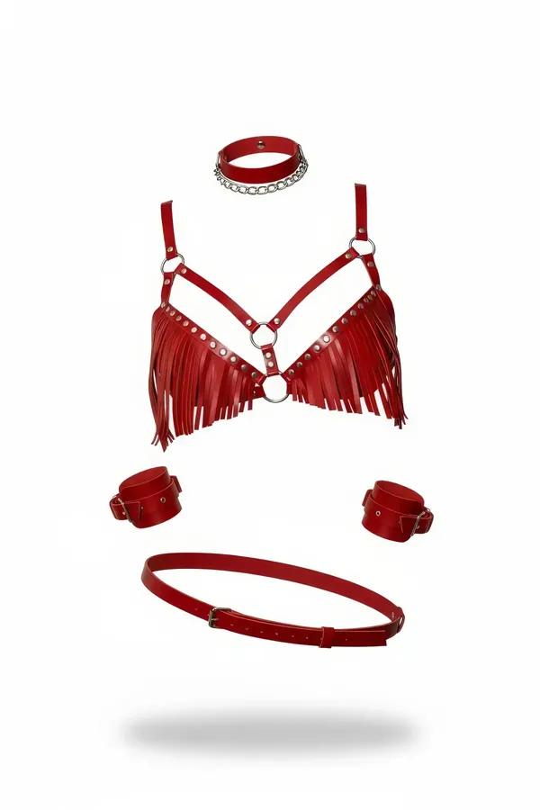 Red Fringed Harness Bra Set with Choker & Cuffs