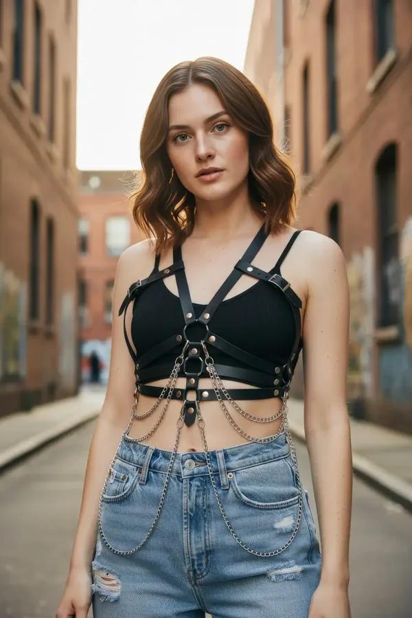 Faux Leather Body Harness with Cascading Chain Details