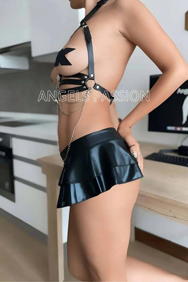 Faux Leather Chest Harness with Draping Silver Chains