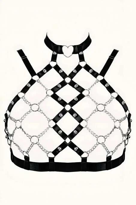 Chain & Faux Leather Harness with Heart Choker