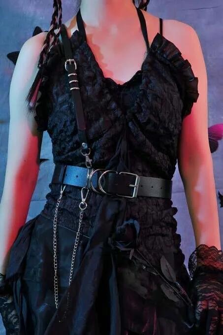 Black Faux Leather Single-Shoulder Harness with Silver Chain Belt Women Asymmetrical Strap Design