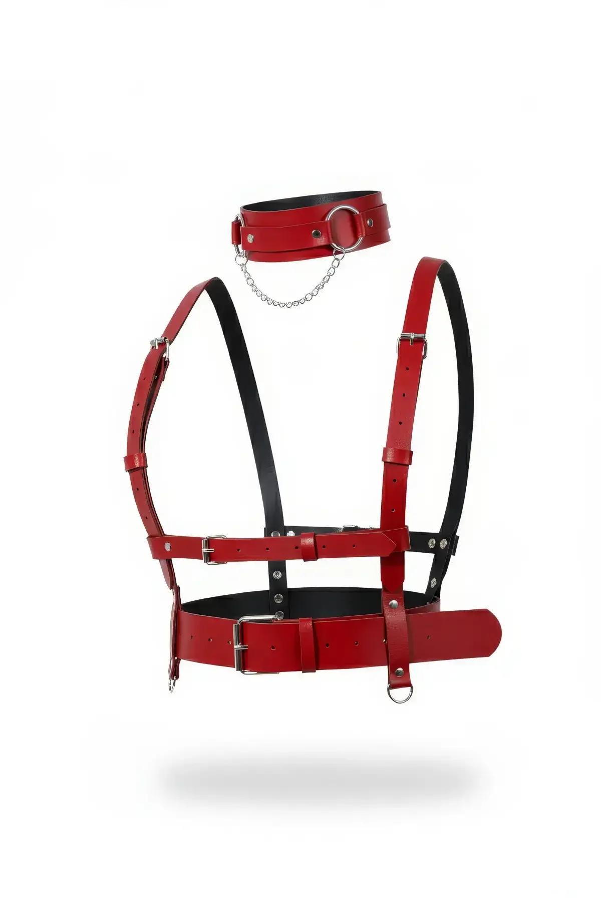 Red Faux Leather Body Harness with Choker