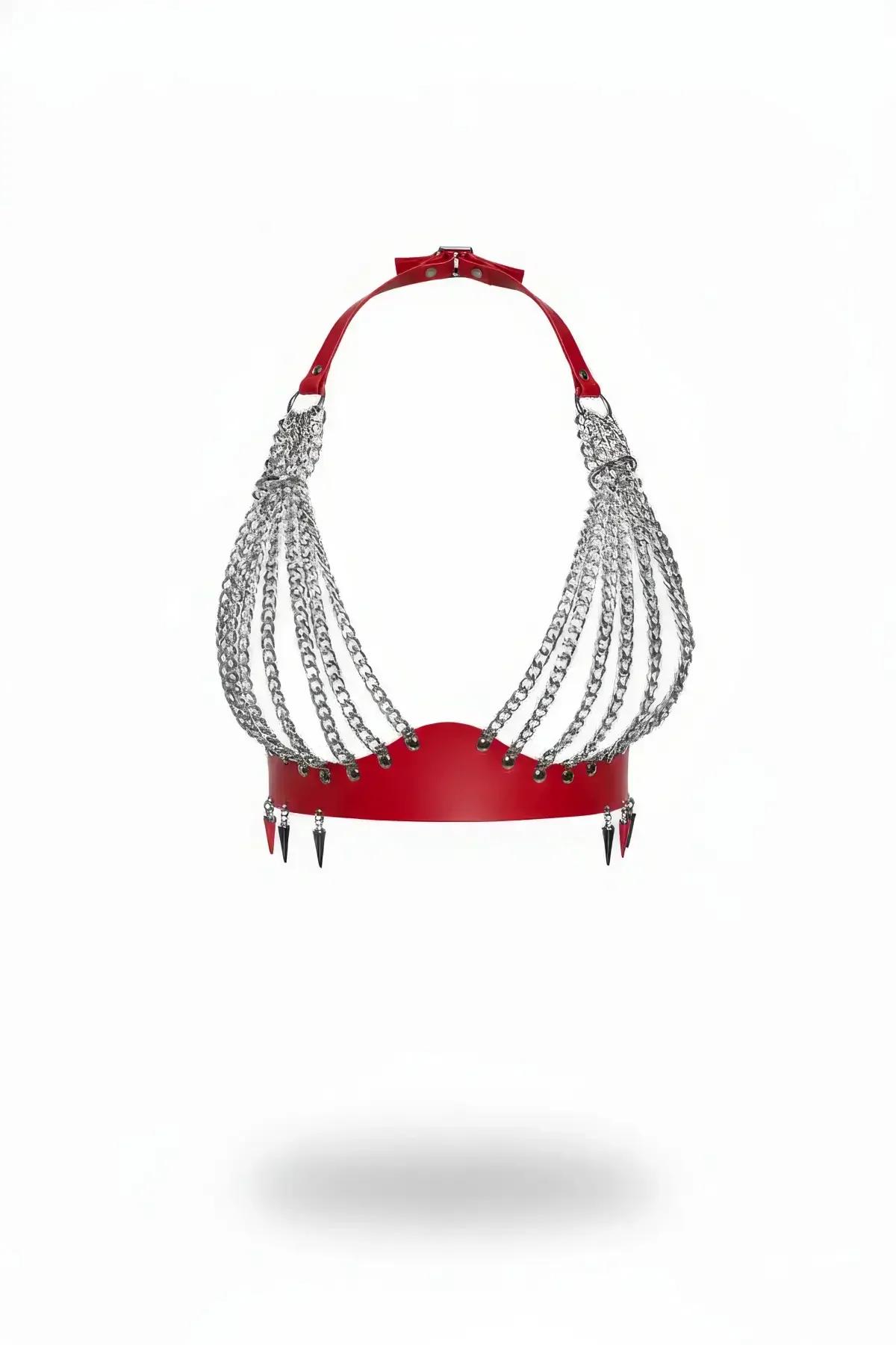 Red Faux Leather Chest Harness with Chain Draping & Studs
