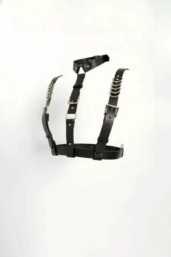 Black Faux Leather Underbust Harness with Interwoven Silver Chains Adjustable Straps