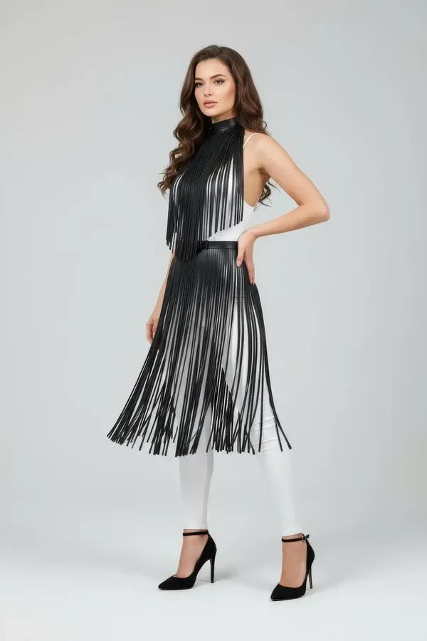 Faux Leather Fringe Mock Neck Overlay