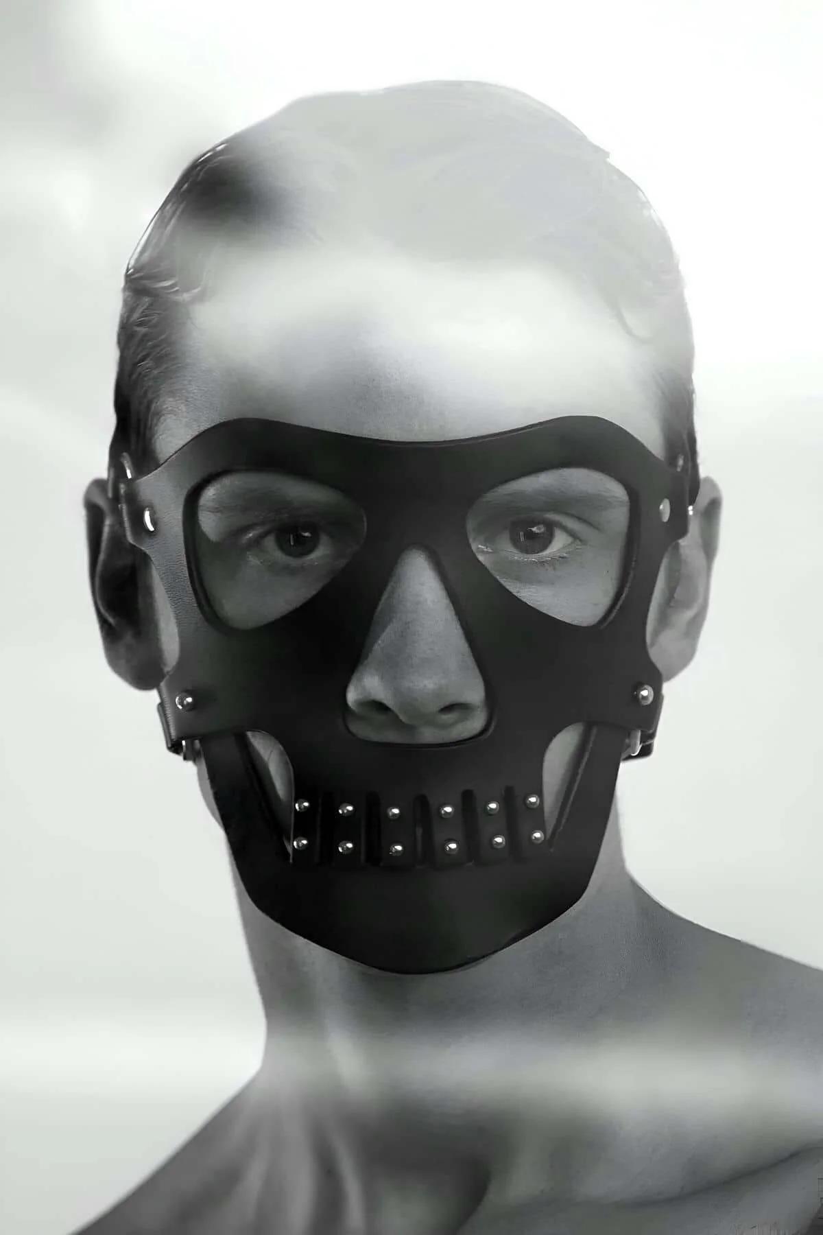 Faux Leather Skull Mask with Studded Jaw Detail