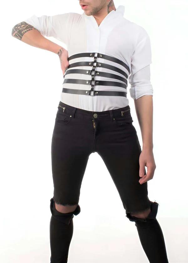 Five-Strap Faux Leather Waspie Harness with Front Studs