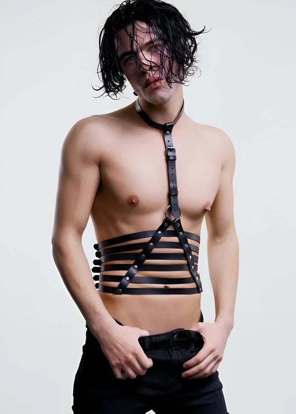Faux Leather Torso Harness with Adjustable Neck Collar