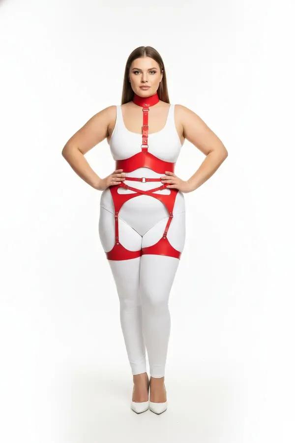 Kırmızı vegan deri büyük beden harness takım, boyunluk ve jartiyer kemeri dahil 4 parçalı set