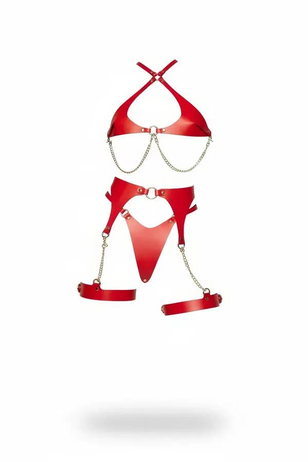 Kırmızı suni deri harness takım altın zincir detaylı üçgen bra tanga ve uyluk bantları seti