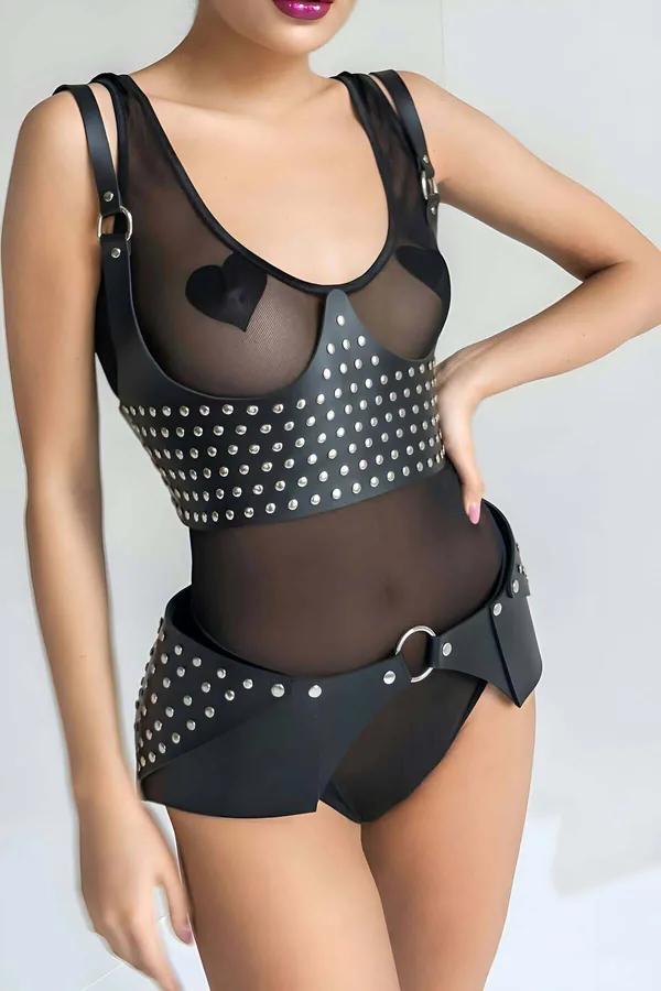 Black faux leather studded chest harness and hip skirt belt set with silver dome studs and O-ring hardware
