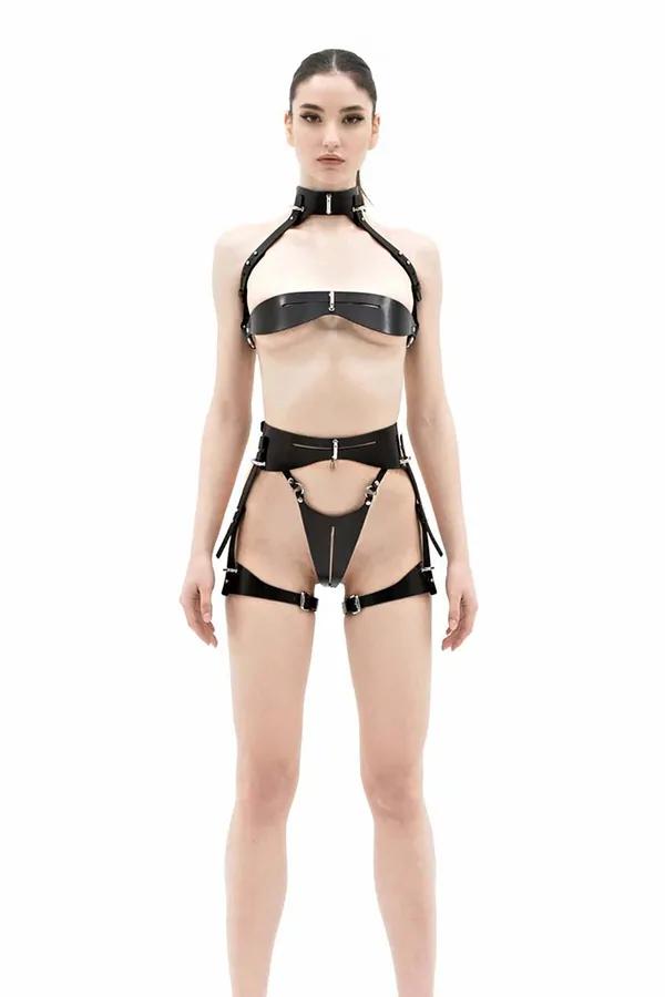 Black faux leather full body harness set with choker collar, bra band, hip belt, thong, and thigh straps with silver hardware