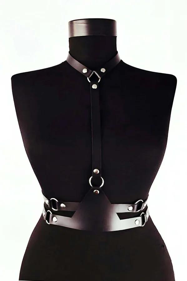 Black faux leather chest harness with neck collar, silver O-ring, and double waist belt on mannequin