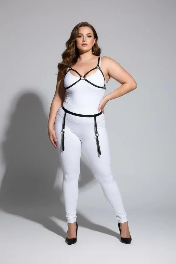 büyük beden siyah vegan deri jartiyer harness gümüş O-ring detaylı göğüs ve bel kombinasyonu