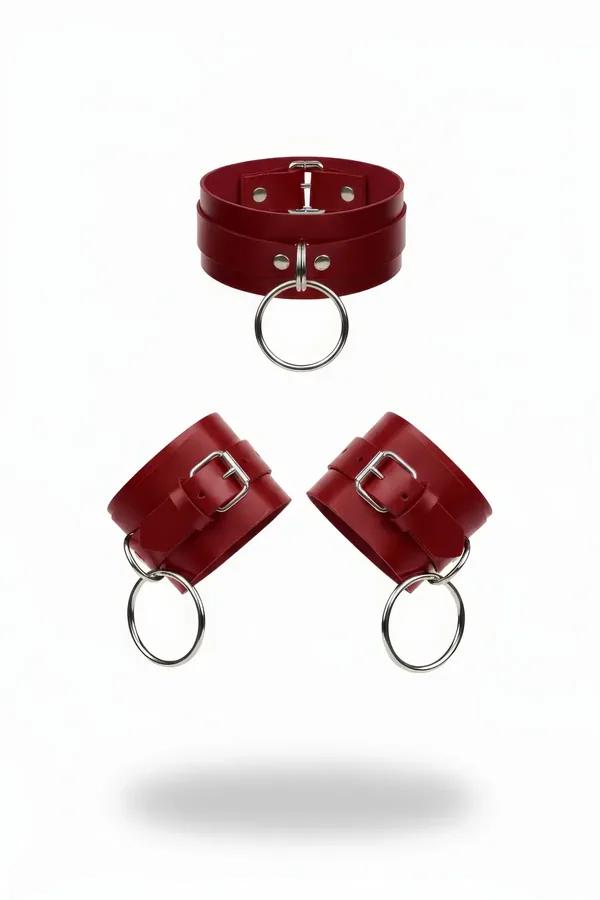 kırmızı vegan deri kalın choker gümüş O halka ve eşleşen bilek kelepçeleri seti