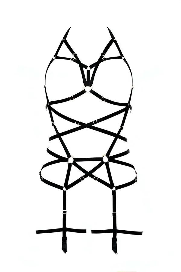 Black elastic strappy full body harness with silver O-rings criss-cross cage design and leg garters
