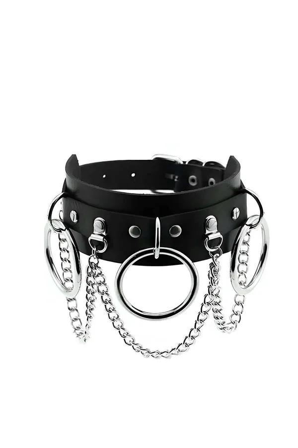 black faux leather wide choker necklace with central O-ring two side rings and three draped silver-tone curb chains